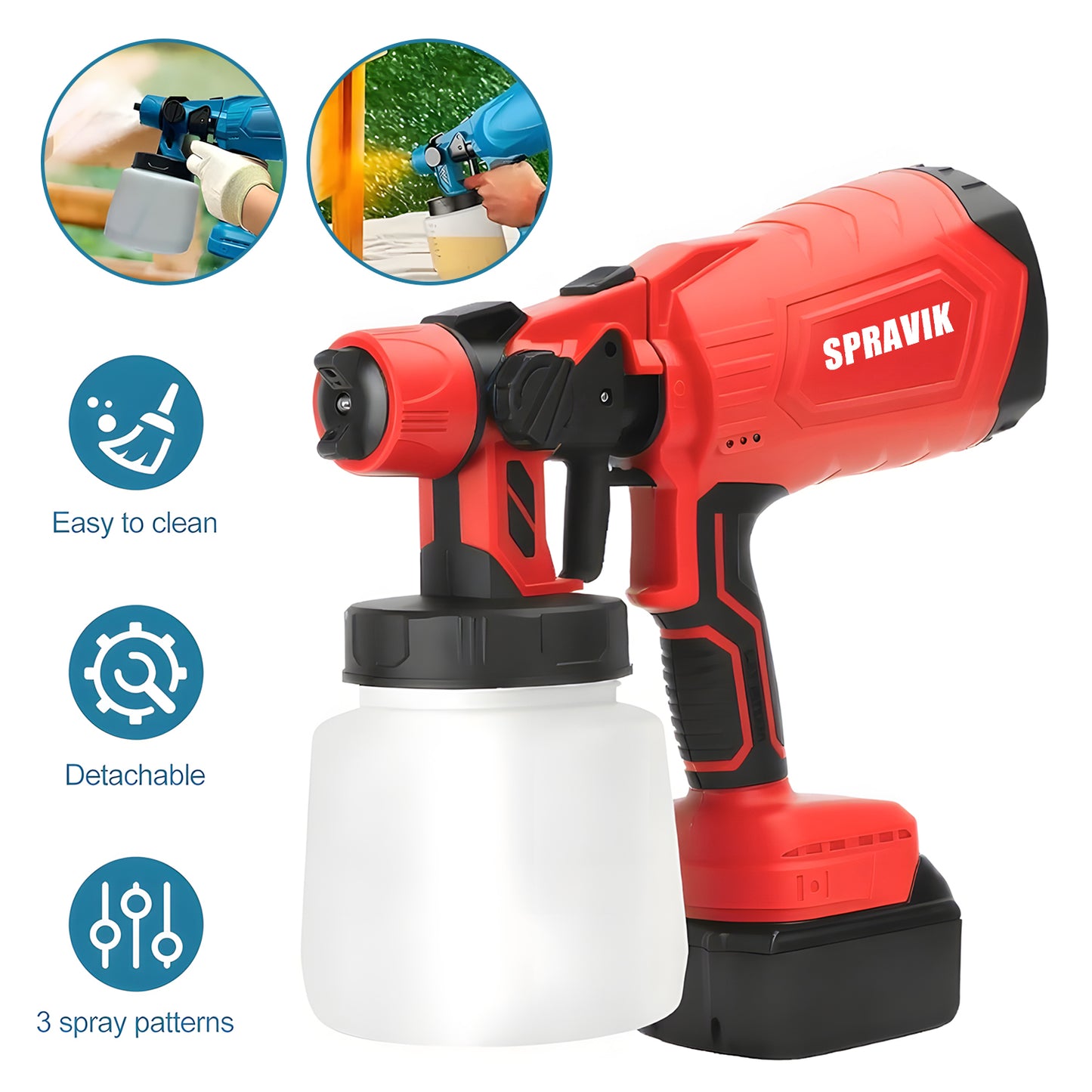 Red and black Spravik spray gun with features highlighted on a white background