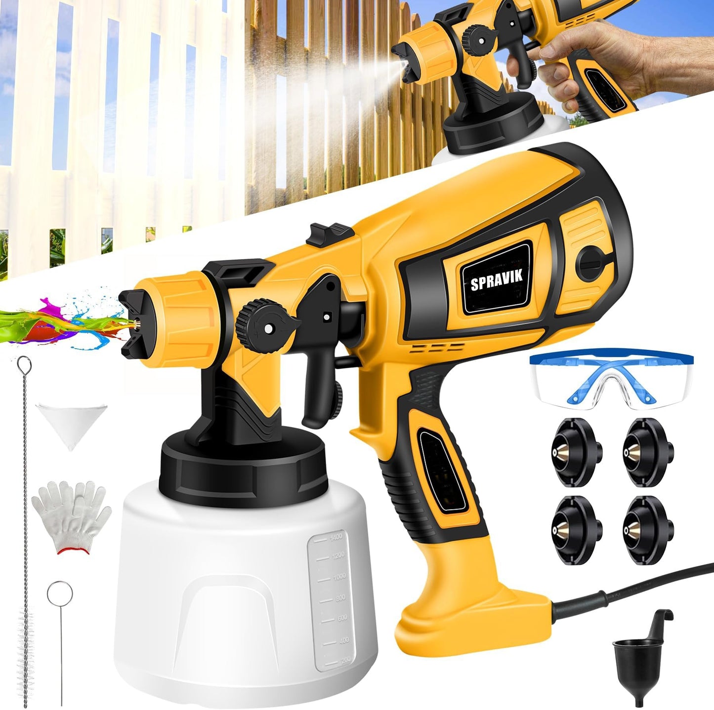 SPRAVIK paint sprayer with accessories on a white background