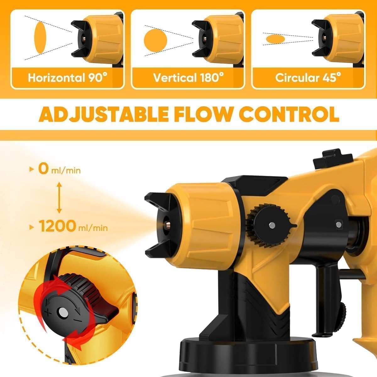 Yellow and black adjustable flow control device with flow rate indicators on a white background