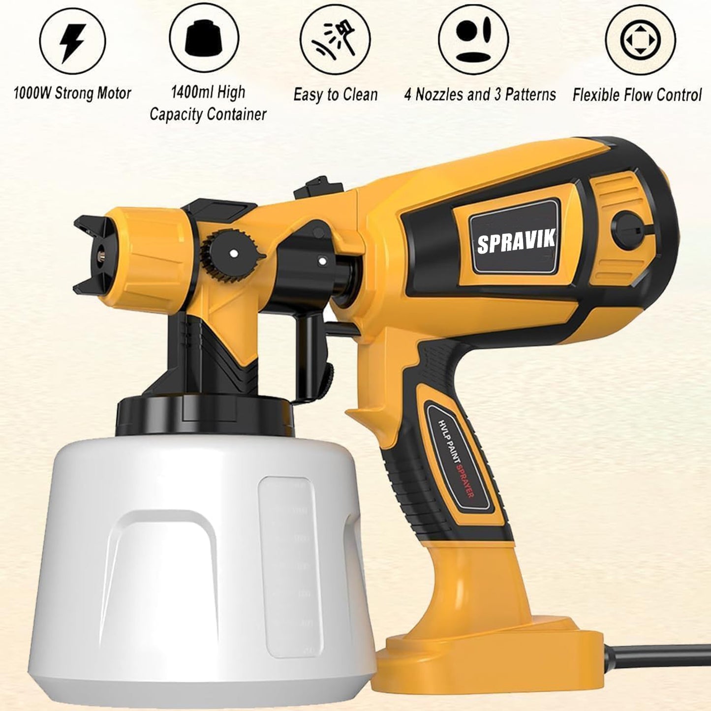 Spray gun with Spravik branding on a beige background