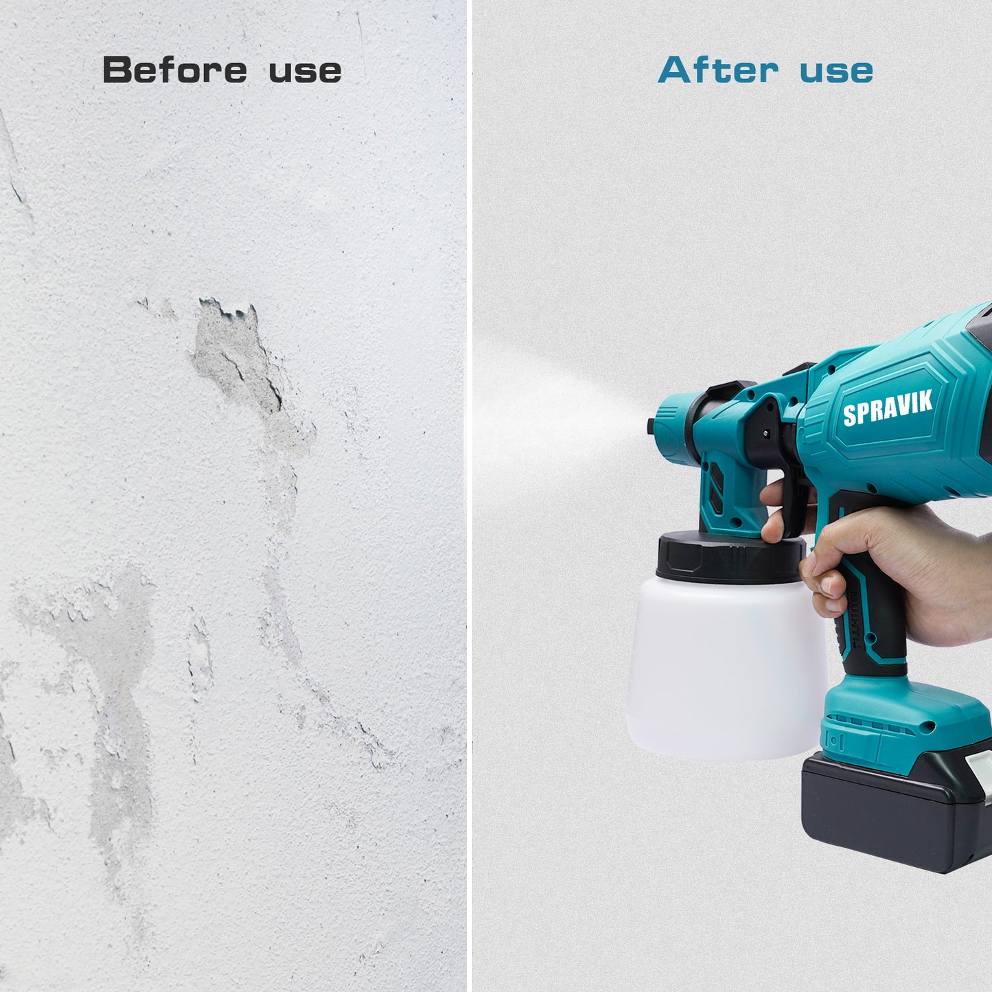 Before and after use comparison of a Spravik paint sprayer on a wall.