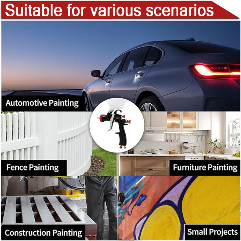 Car, fence, kitchen, and other scenarios with a paint gun and text indicating suitability for various painting tasks.