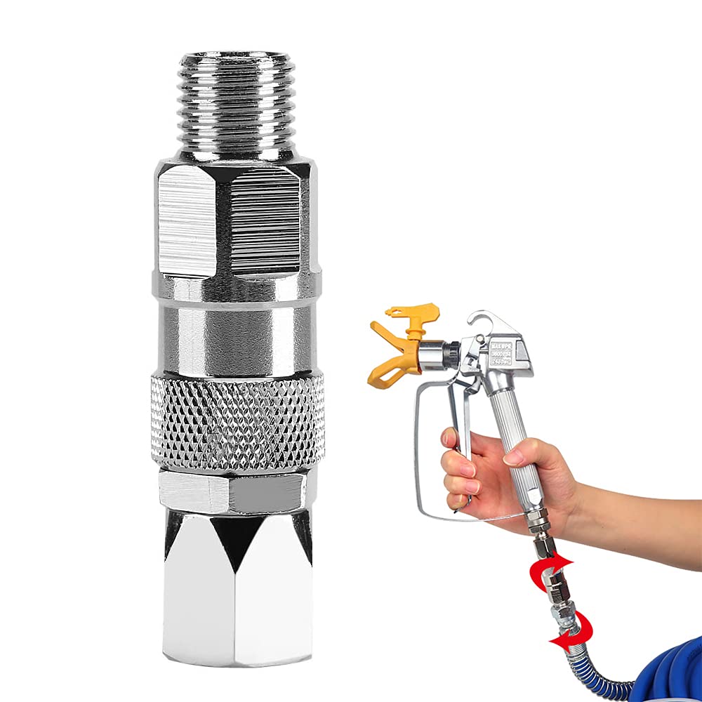 Chrome spray gun nozzle with a hand holding a paint sprayer on a white background
