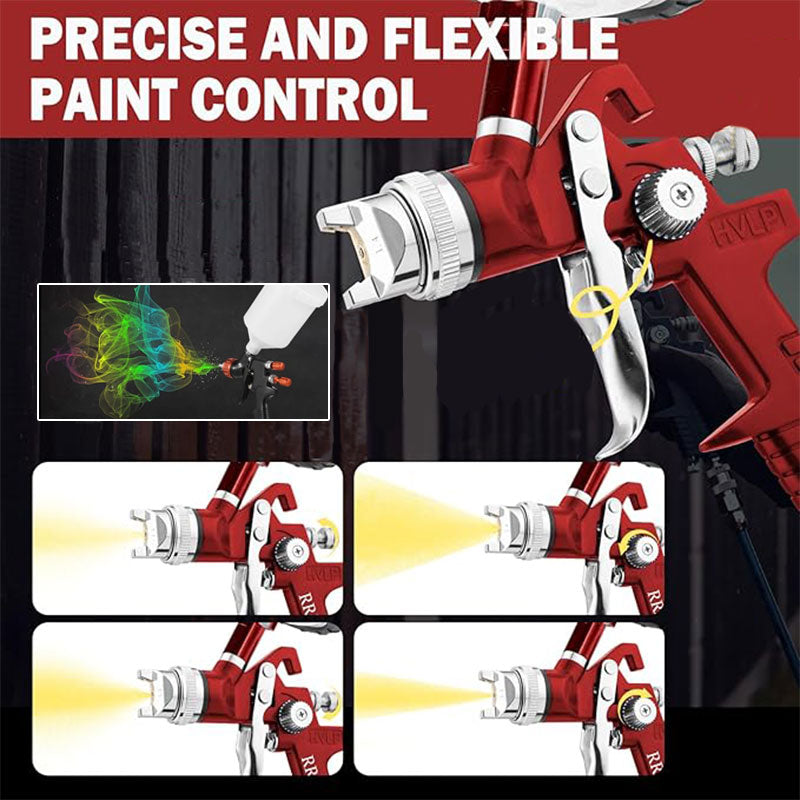 Red spray gun with color samples and text 'Precise and Flexible Paint Control' on a dark background
