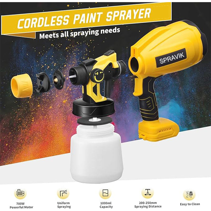 Spravik cordless paint sprayer with attachments on a colorful background