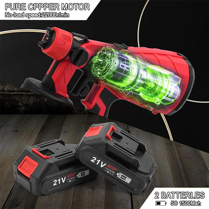 Red and black power tool with green light on a wooden surface