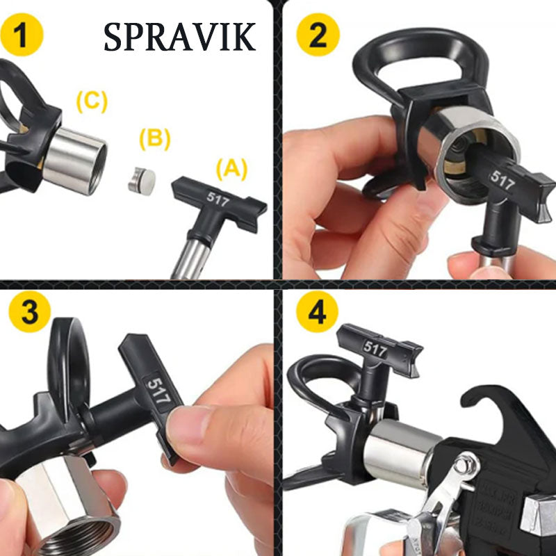 Step-by-step assembly of a Spravik product with labeled parts and close-up views.