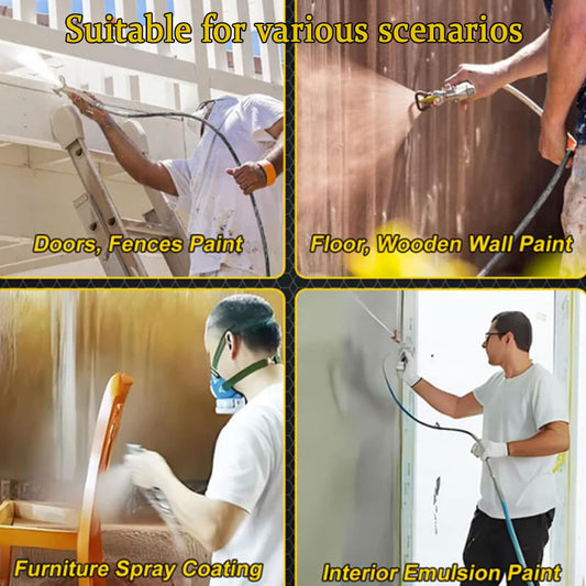 Collage of people using paint spray guns for various painting tasks including doors, fences, floor, wooden wall, furniture, and interior emulsion paint.