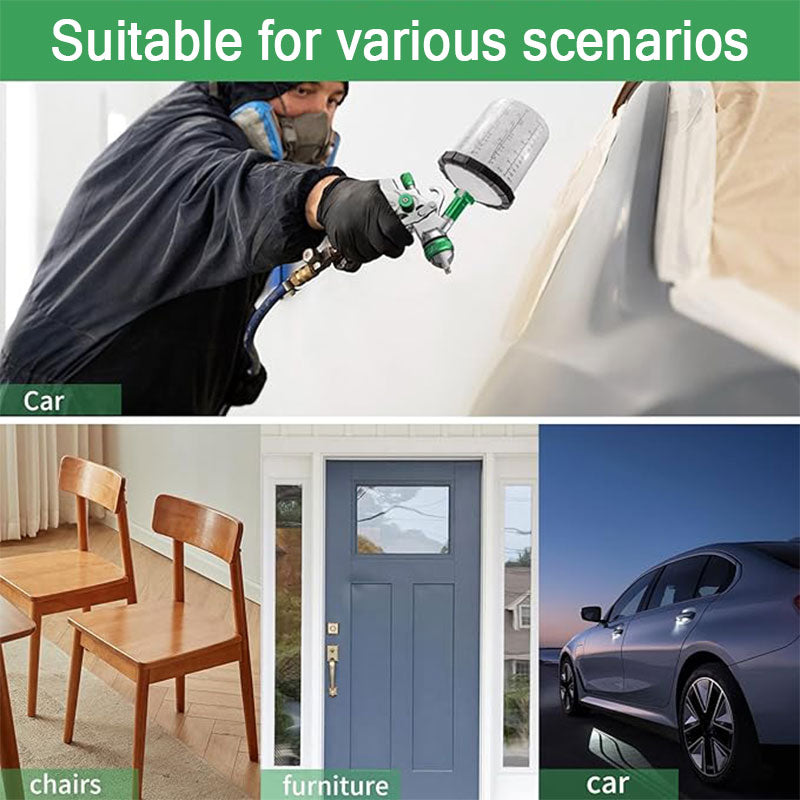Person using a spray gun, close-up of paint application, chairs, door, and car with text 'Suitable for various scenarios'.