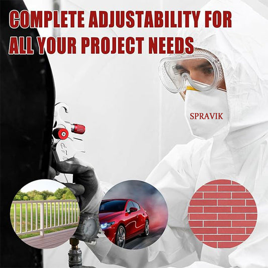 Person in protective gear using a tool with 'Spravik' branding, surrounded by project scenarios.