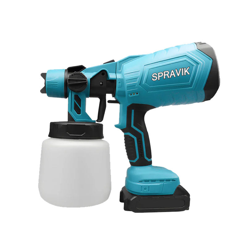 Blue Spravik paint spray gun with a white container