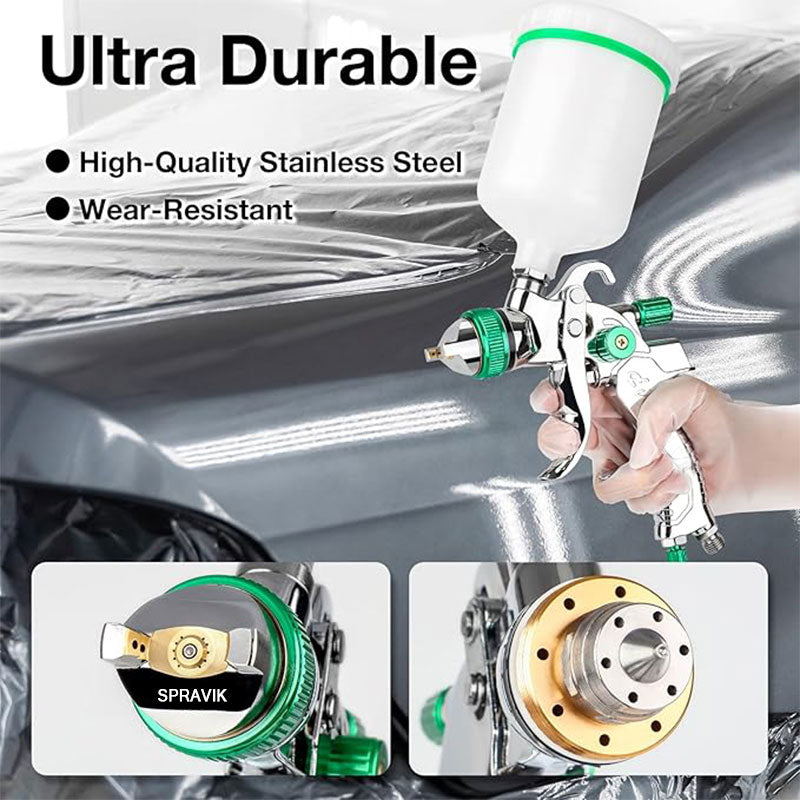 Spray gun with high-quality stainless steel and wear-resistant features, held by a person against a car background.