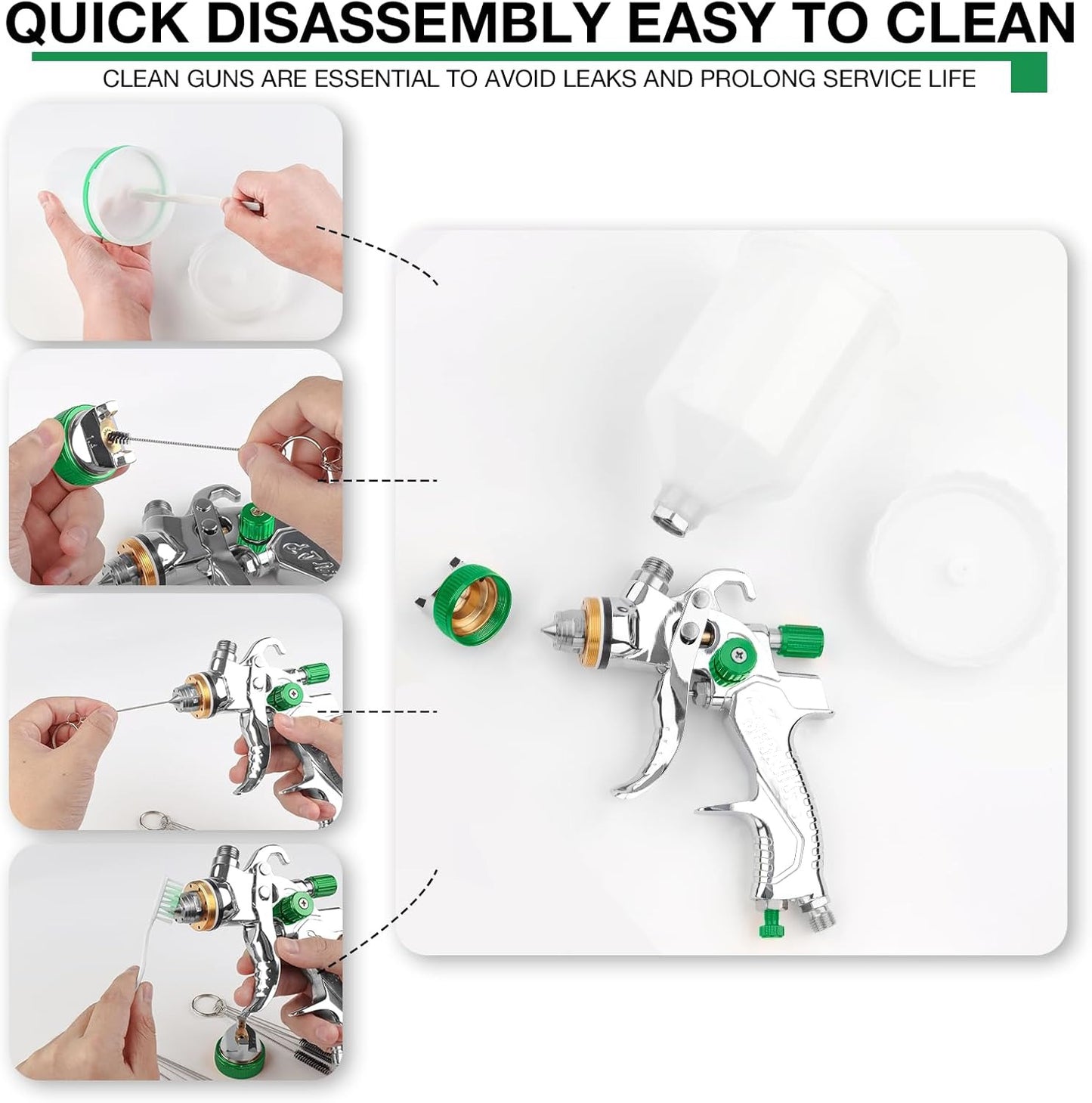 Instructions on how to quickly disassemble and clean a spray gun, emphasizing the importance of cleanliness.