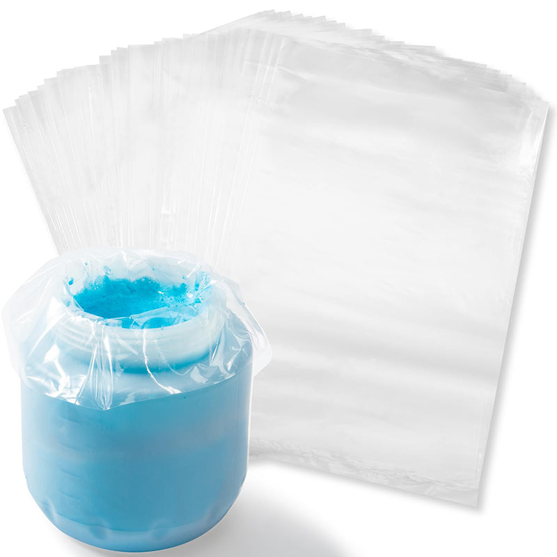 Blue gel in a container with clear plastic bags on a white background