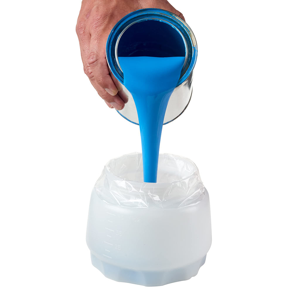 Blue funnel being used to pour blue liquid into a white bag