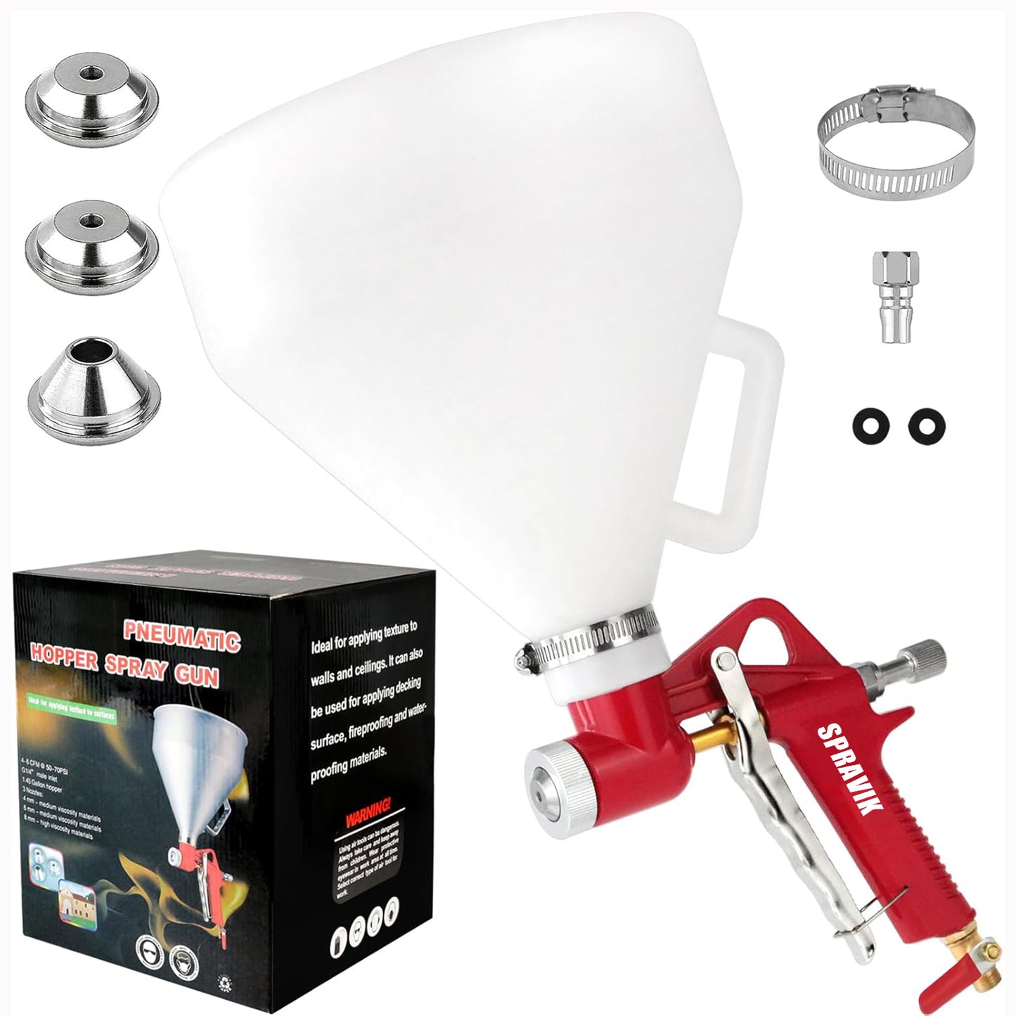 Red spray gun with accessories and packaging on a white background