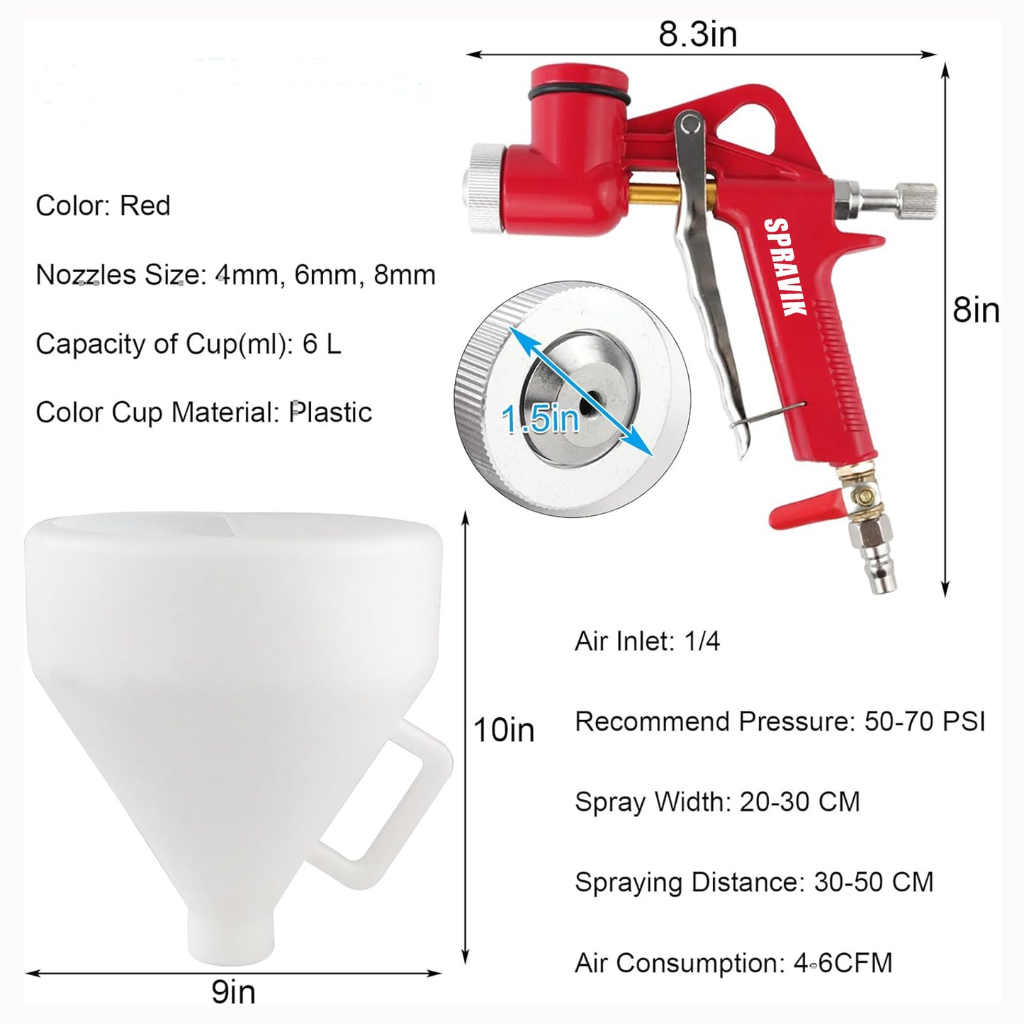 Red spray gun with measurements and specifications on a white background