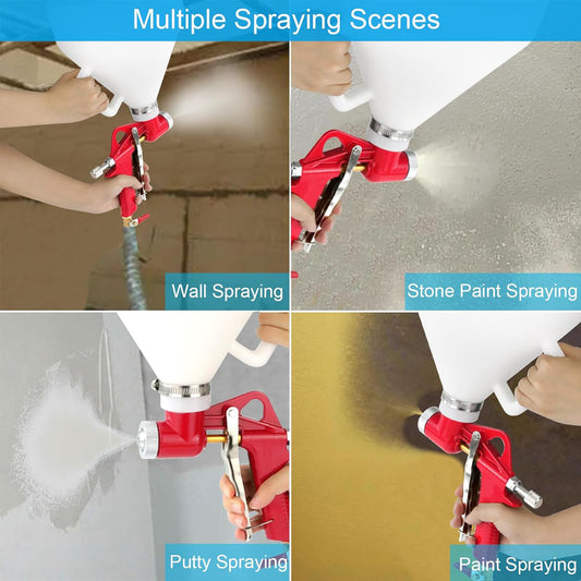 Collage of a spray gun in use for wall, stone paint, putty, and paint spraying.