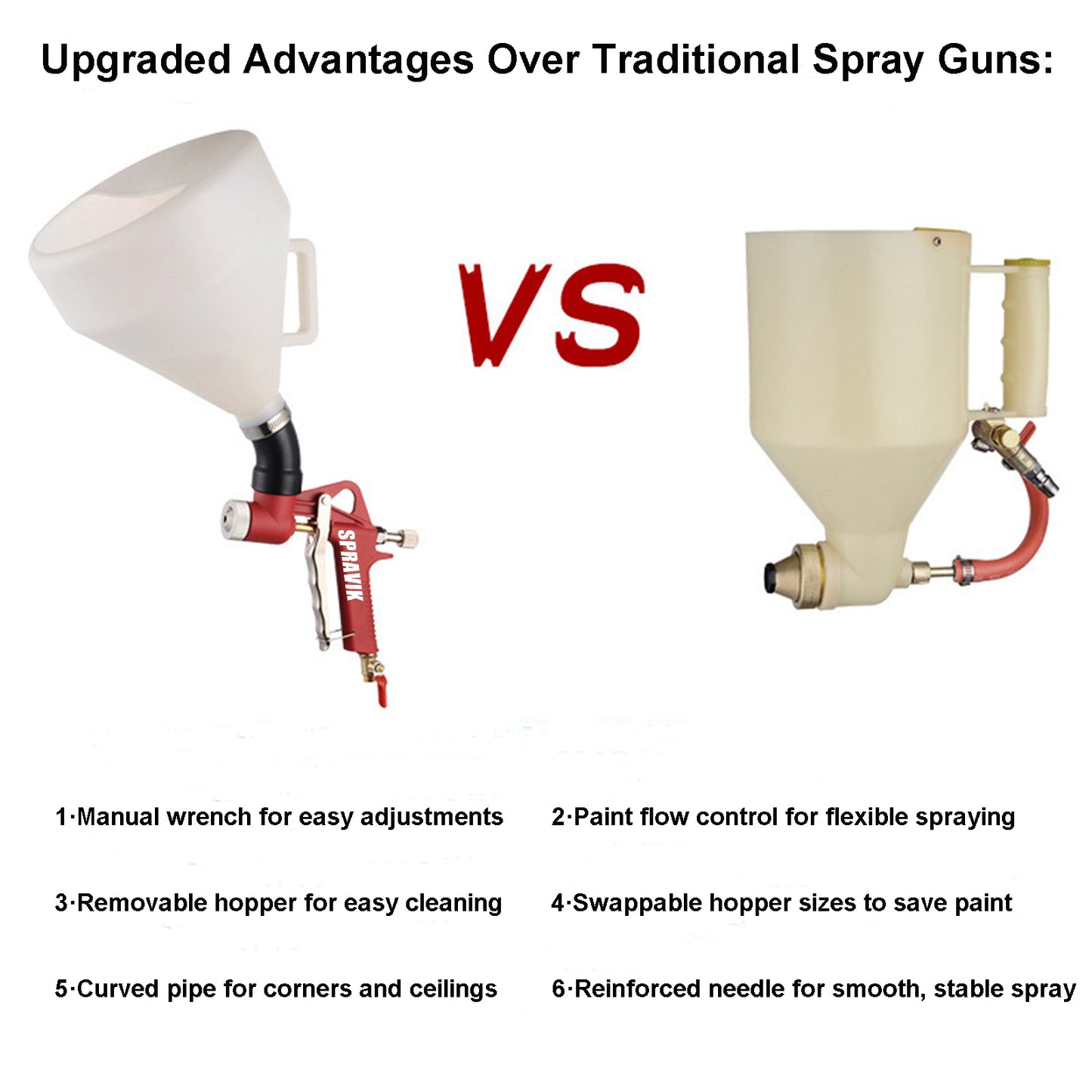 Comparison of upgraded spray gun with traditional spray gun, highlighting features.