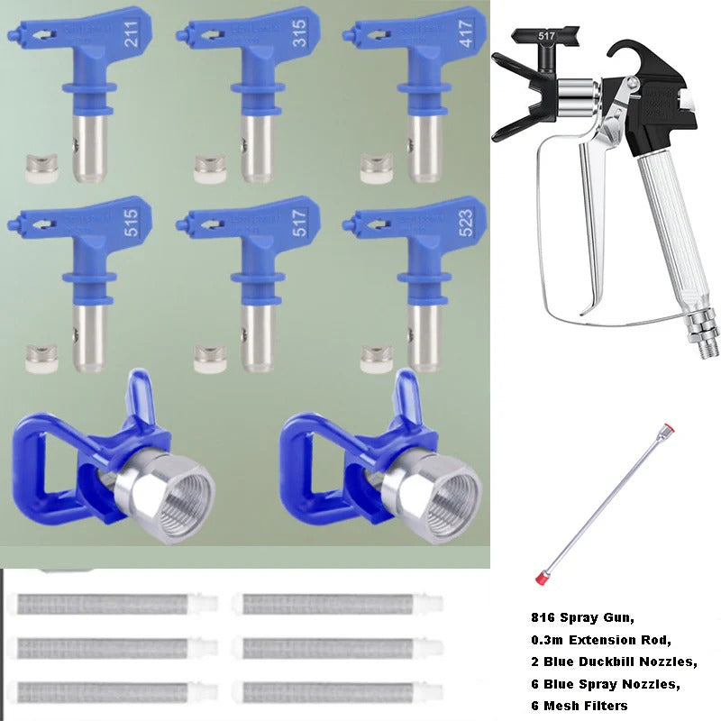 Spray gun and nozzles set with blue and silver components