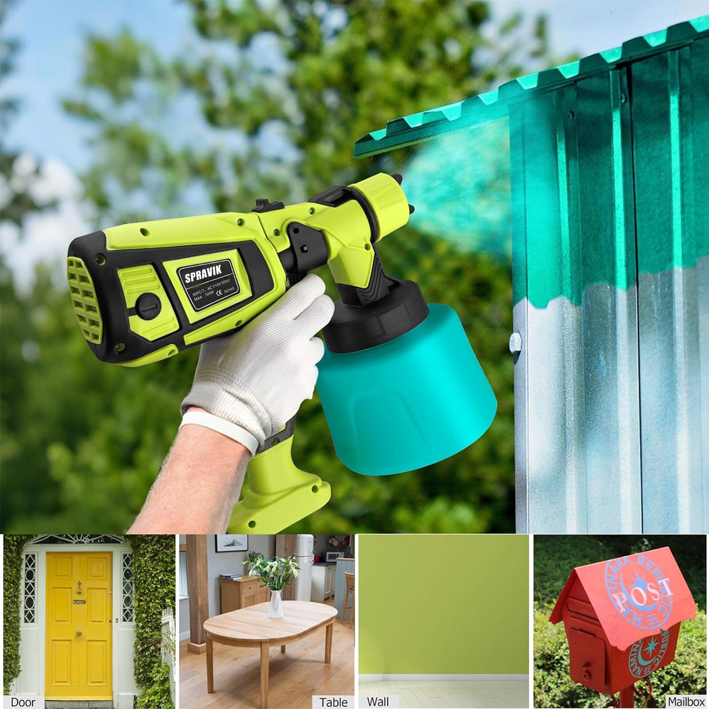 Spray gun with turquoise paint can, green door, table, wall, and mailbox in outdoor setting