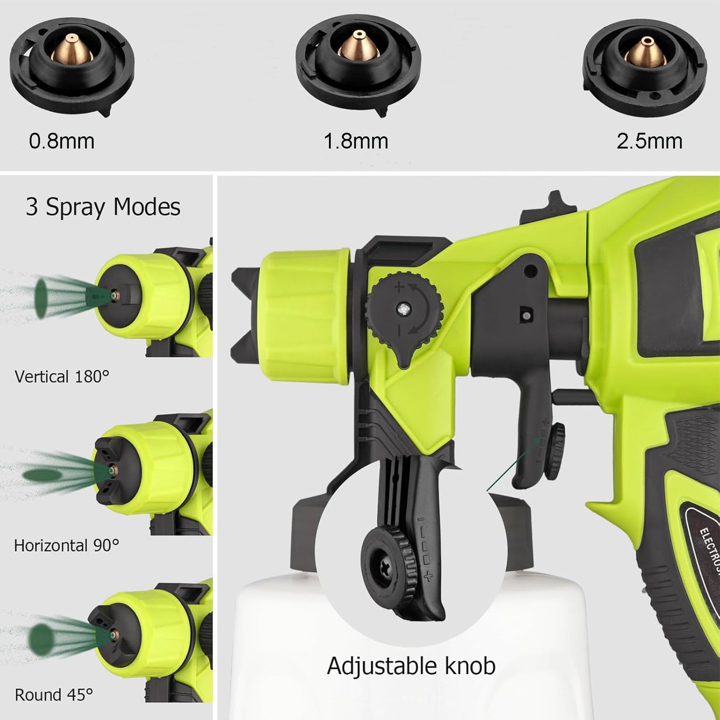 Green and black spray gun with adjustable nozzles and spray modes on a white background