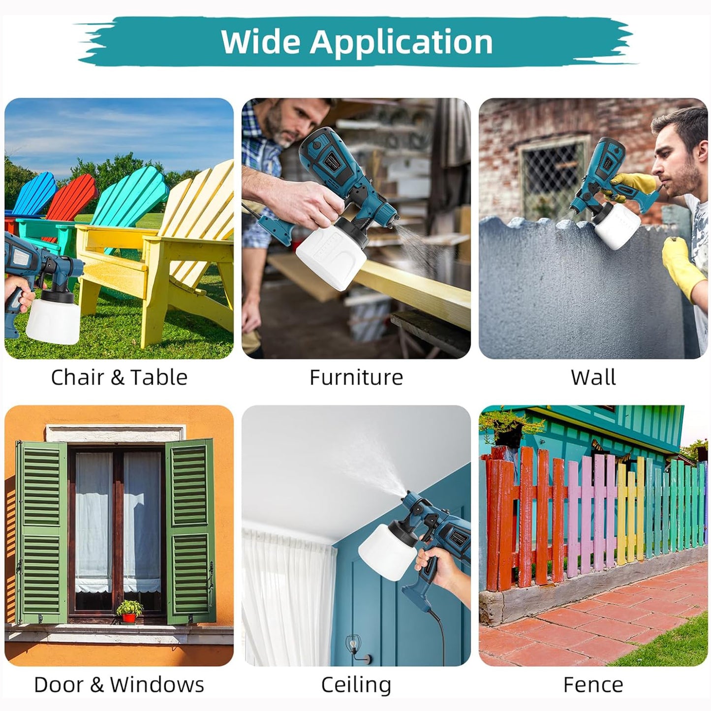 Spray gun in use on various surfaces including chairs, furniture, walls, doors, windows, ceilings, and a fence.