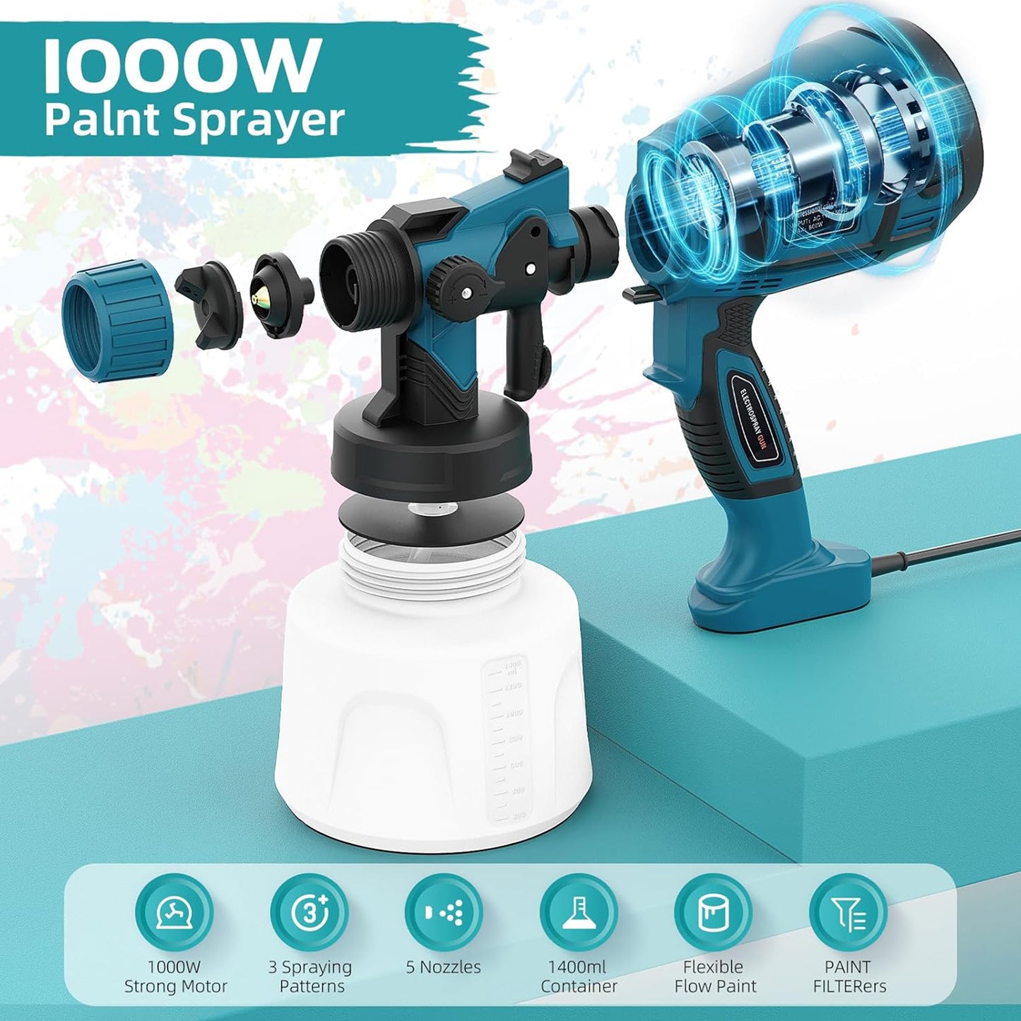 1000W paint sprayer with attachments on a colorful background