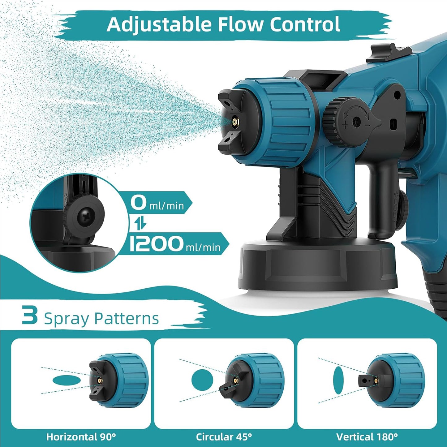 Blue spray gun with adjustable flow control and spray patterns on a white background
