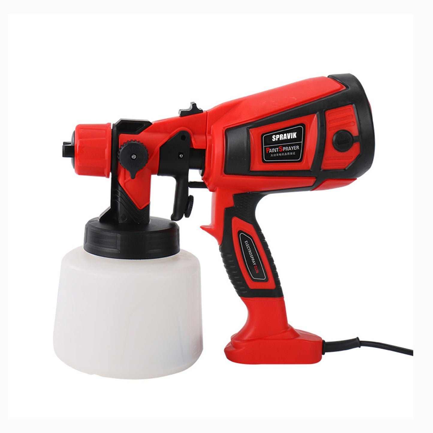 Red and black spray gun with a white container on a white background