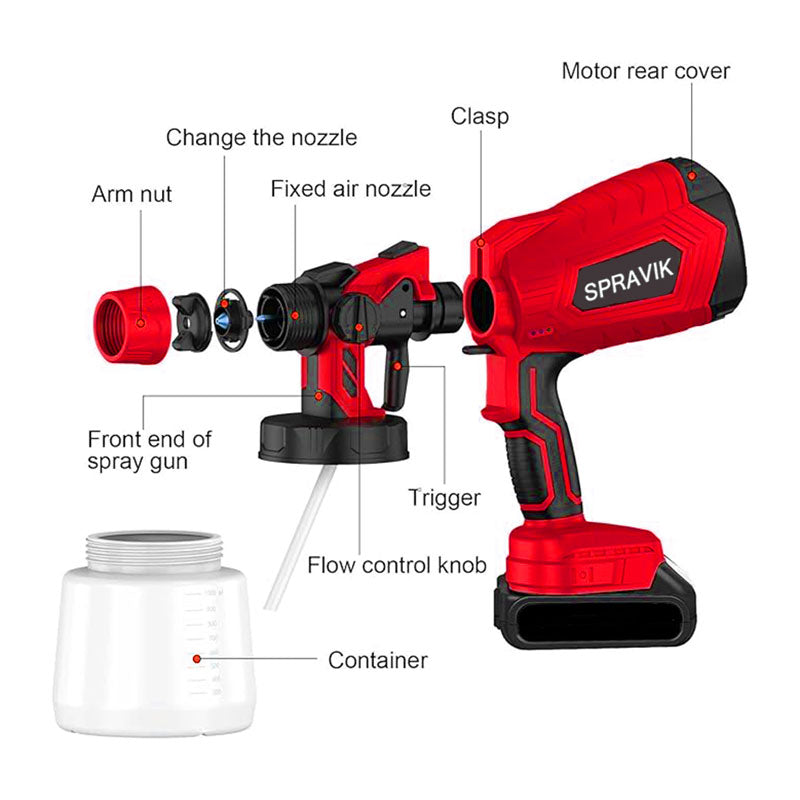 Red and black Spravik spray gun with labeled parts