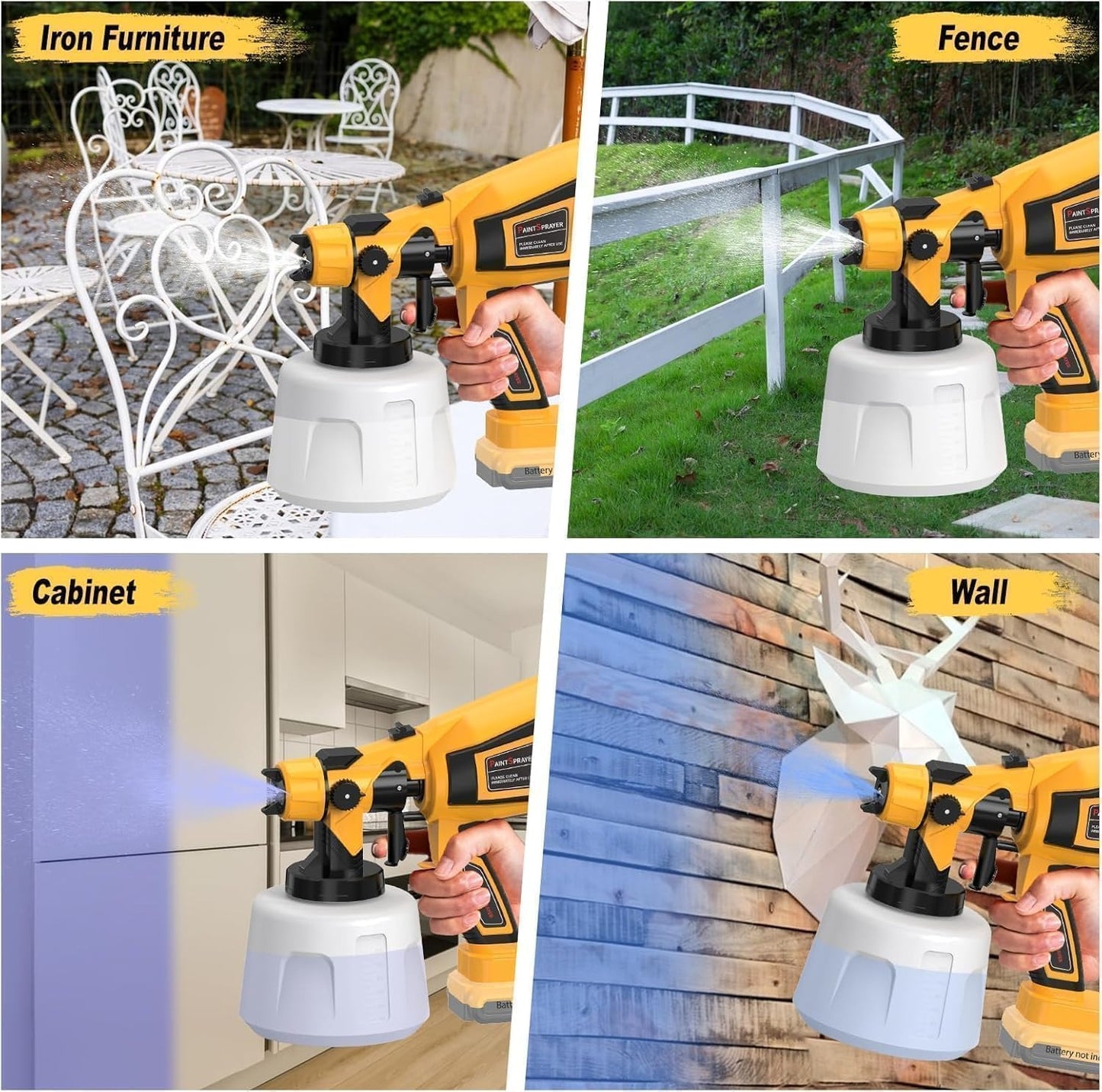 Collage of a power sprayer being used on various surfaces including iron furniture, a fence, a cabinet, and a wall.