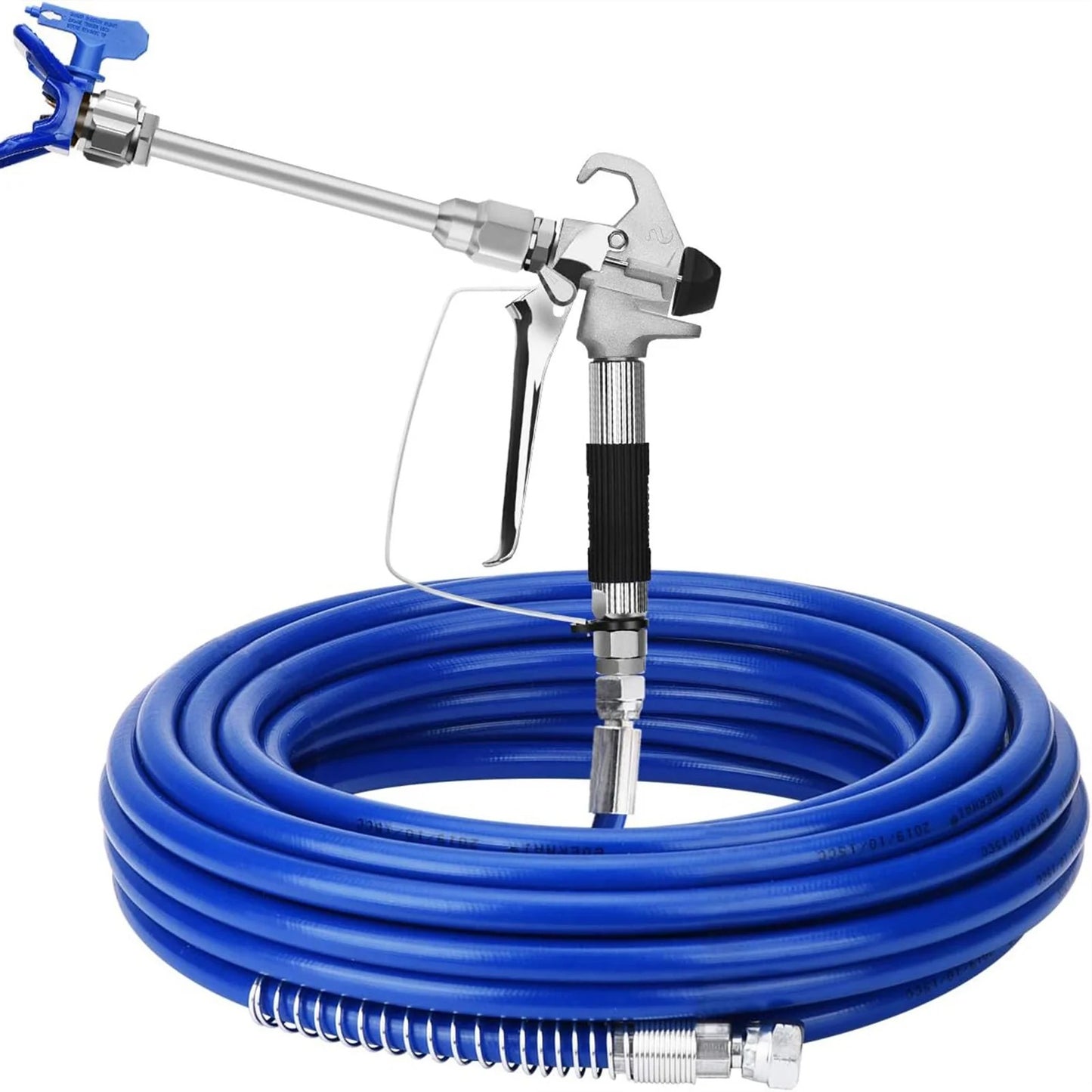 Spray gun with coiled blue hose on a white background