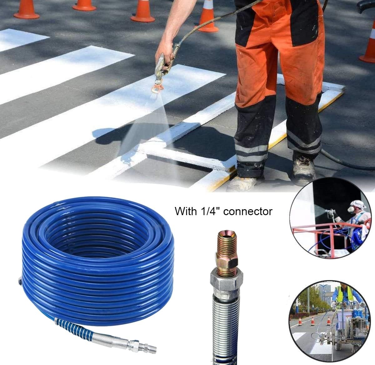 Person using a hose to paint a crosswalk with a blue hose and connector, and additional images of usage.