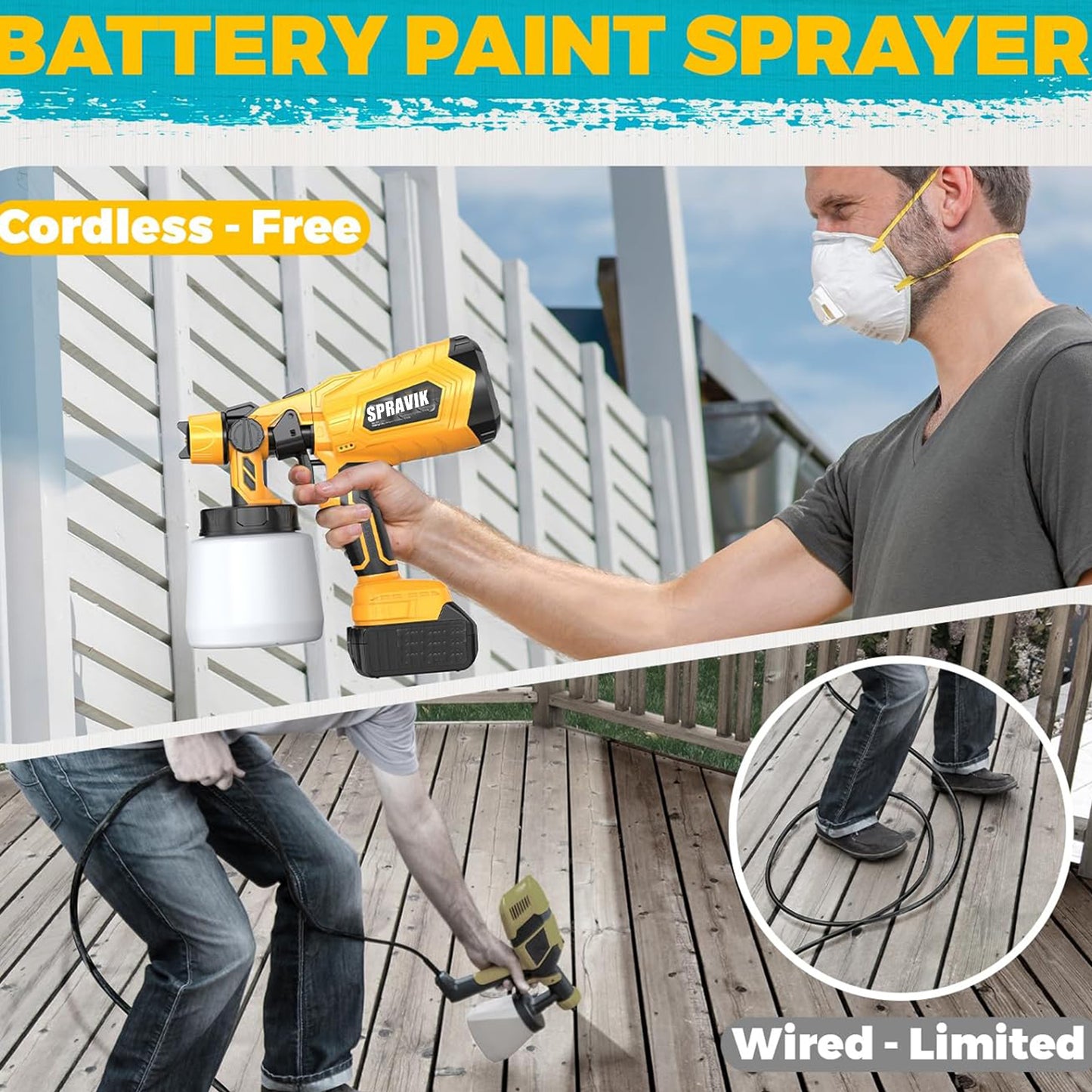 Person using a battery paint sprayer to paint a wooden deck, with text highlighting cordless operation.