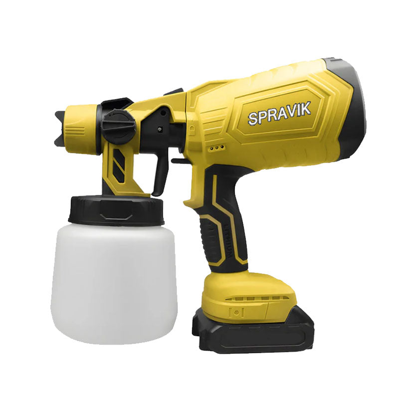 Spray gun with a 1000ml white container on a white background, branded 'SPRAVIK'.