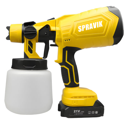 Yellow and black Spravik spray gun with a white container