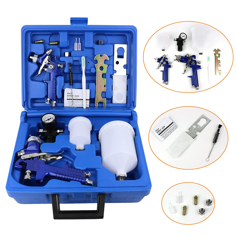 Blue spray paint gun kit with various components inside a blue case on a white background.