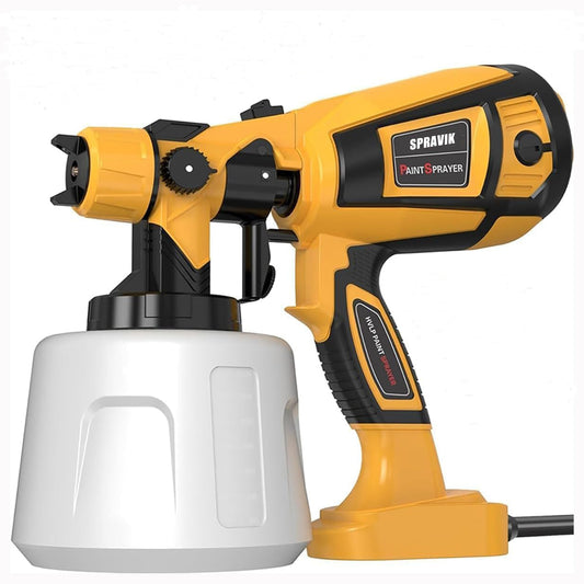 Yellow and black Spravik paint sprayer on a white background