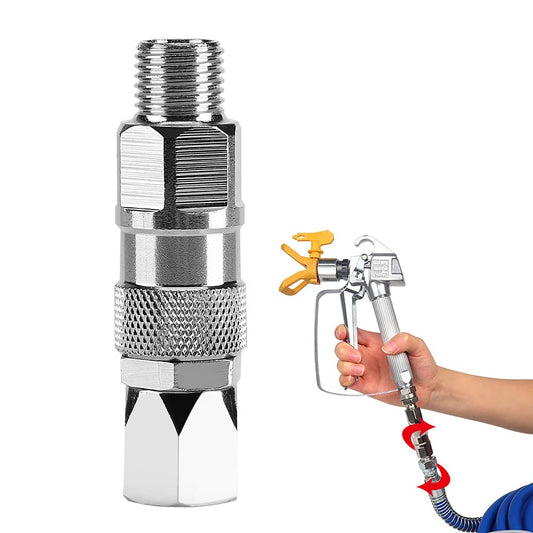 Chrome spray gun nozzle with a hand holding a paint sprayer on a white background