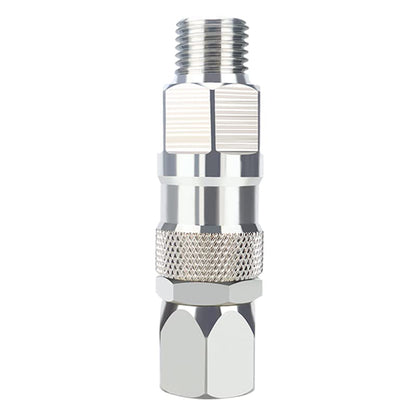 Metal fitting with threaded design on a white background
