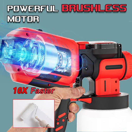 Red and black paint sprayer with powerful brushless motor and faster performance 