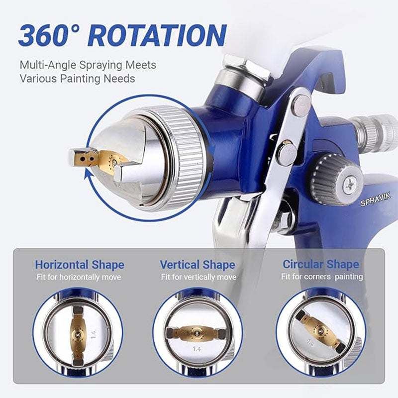 Spray gun with 360-degree rotation feature and different nozzle shapes