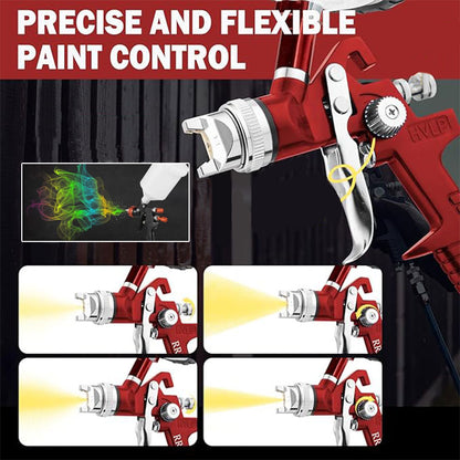 Red spray gun with color samples and text 'Precise and Flexible Paint Control' on a dark background