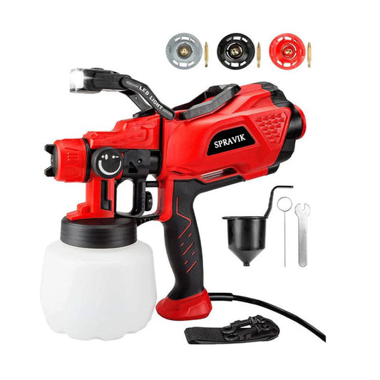 Red and black Spravik paint sprayer with accessories
