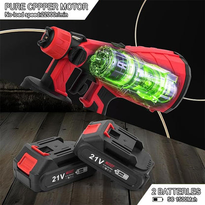 Red and black power tool with green light on a wooden surface