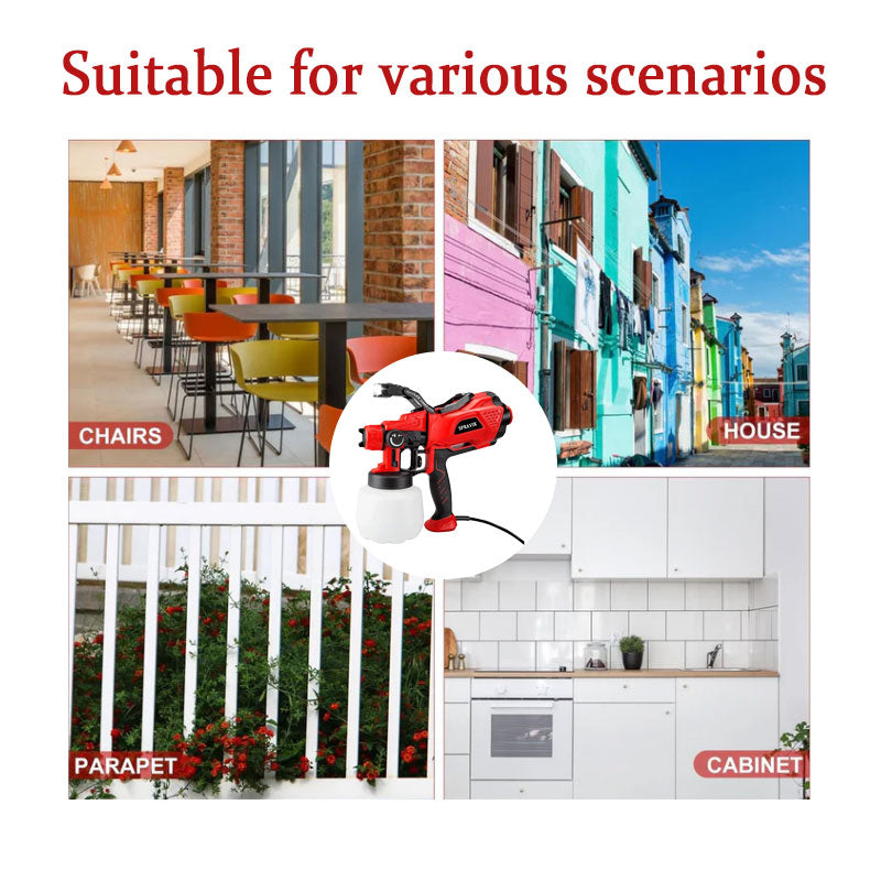 showing a paint sprayer with applications on chairs, house, parapet, and cabinet.