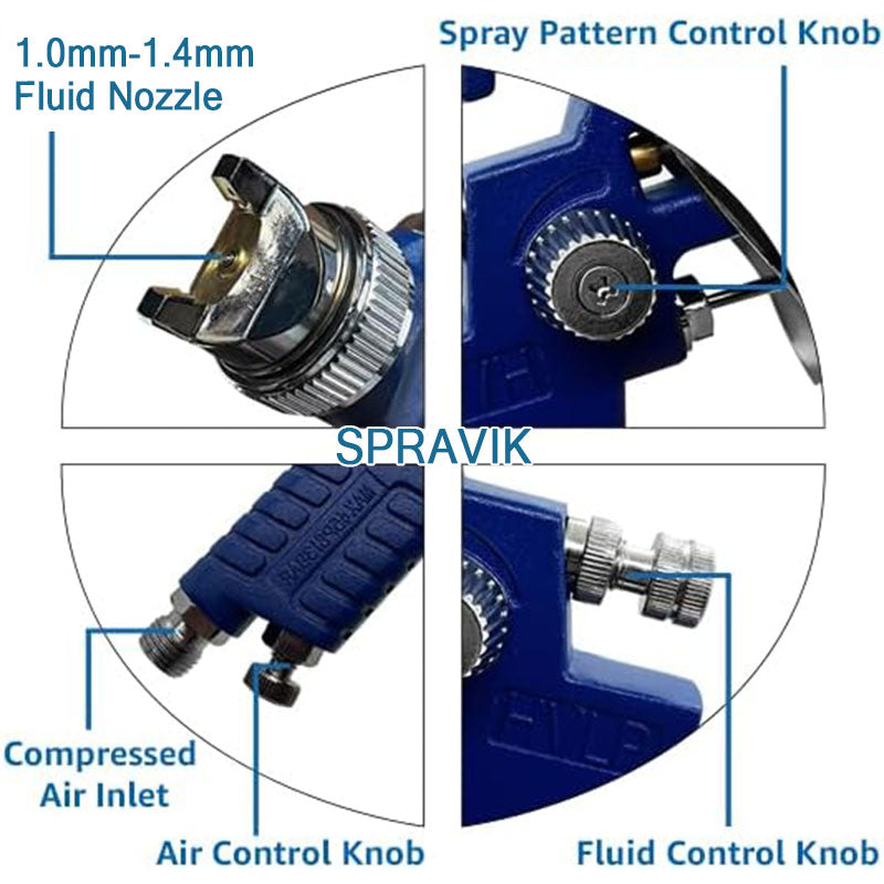 Spray gun components with labels and the brand 'SPRAVIK' visible.