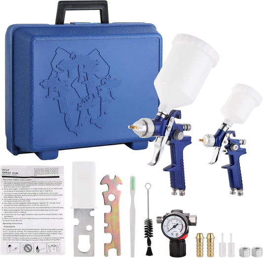 Spray paint gun kit with blue case, guns, accessories, and manual 