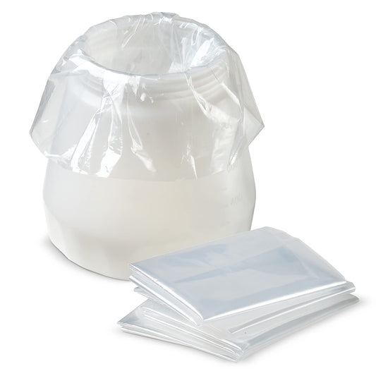 Clear plastic bags with a stack of smaller bags on a white background